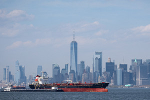 FILE PHOTO: The Mtm Rotterdam, a chemical and oil tanker, sits anchored in New York harbor in New York City, U.S., April 14, 2026. REUTERS/Brendan McDermid/File Photo