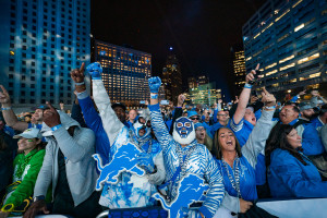 Detroit Lions fans erupt in celebration after Lions pick Missouri cornerback Ennis Rakestraw on Friday, April 26, 2024, for the