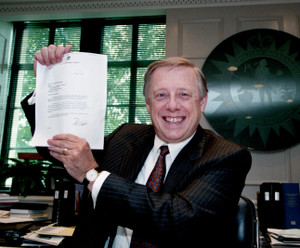 From his office at the Metro Courthouse, Metro Mayor Phil Bredesen shows off a fax he has just received from NFL Commissioner
