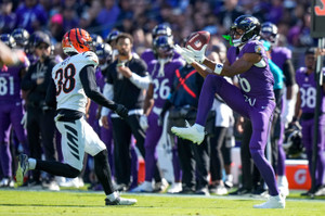 Baltimore Ravens wide receiver Ja'kobi Lane (6) catches a pass in the second quarter of the NFL Week 7 game between the