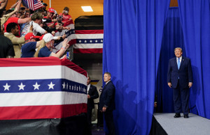US President Trump attends a rally at Butler High School in Vandalia