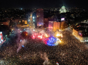 People celebrate the victory of the Student List in Belgrade