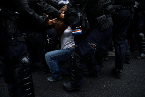 French high school and university students protest in France