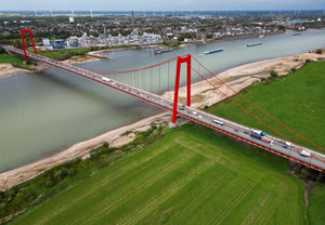 A drone view shows dry floodplains along the Rhine River during a period of drought and low water levels in Germany