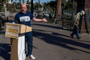 California Republican gubernatorial candidate Steve Hilton campaigns around MacArthur Park in Los Angeles