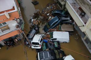 A drone view of the damaged cars in a street after heavy rains in Istanbul