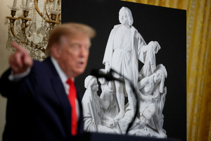 US President Donald Trump hosts a Columbus Day celebration in the East Room of the White House in Washington, D.C.