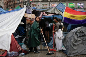 Demonstrators camp in Puerta del Sol square in Madrid