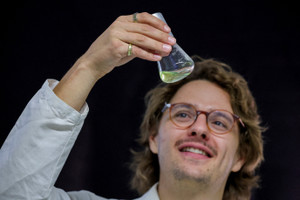 Team members of the Peter Hegemann present research in Hegemann's laboratory after Hegemann, a professor at Humboldt University of Berlin, was awarded the Nobel Prize in medicine, in Berlin
